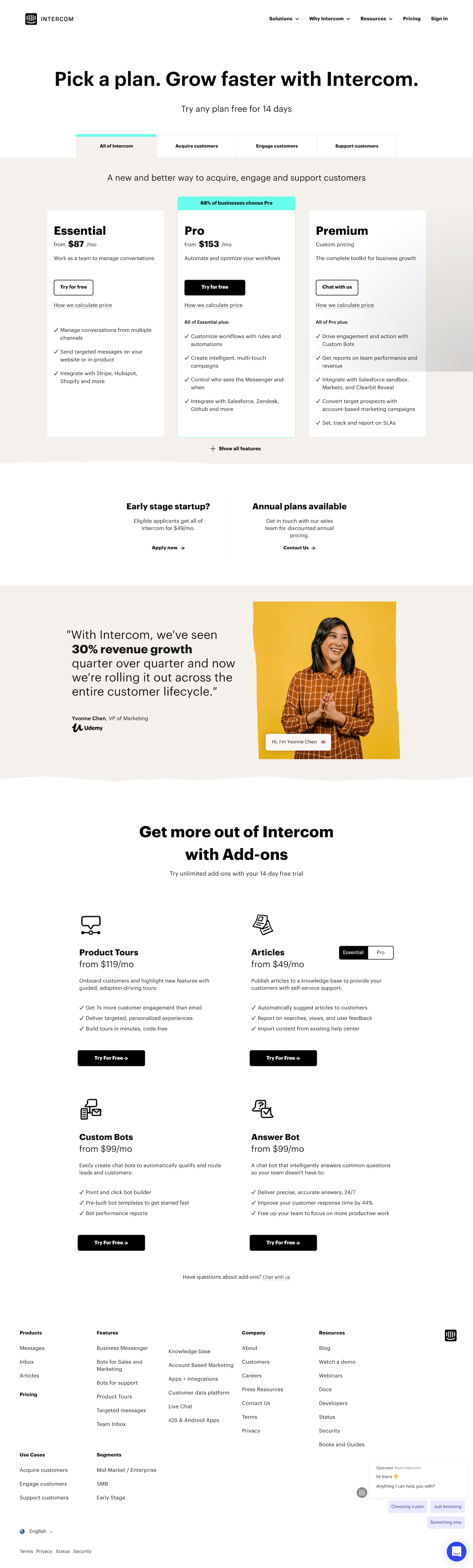 Screenshot of the Pricing page from the Intercom website.