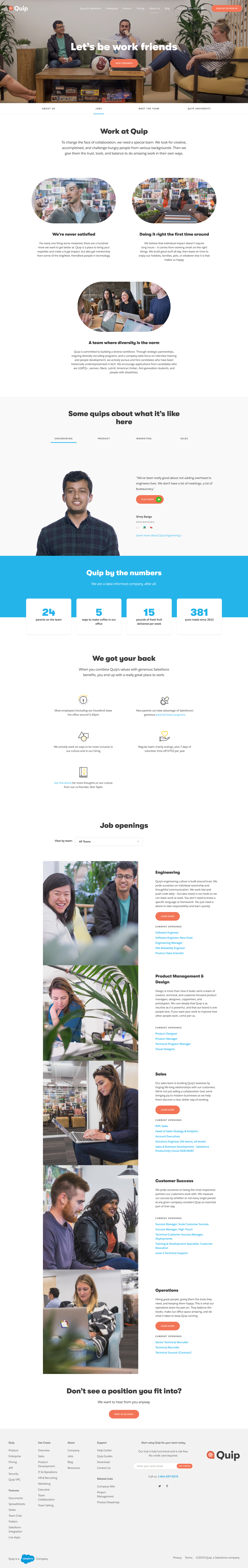 Screenshot of the Jobs page from the Quip website.