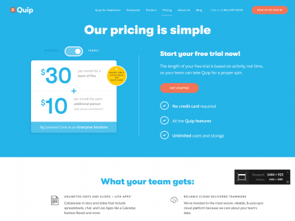 Screenshot of the Pricing page from the Quip website.