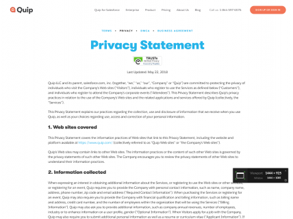 Screenshot of the Privacy Policy page from the Quip website.