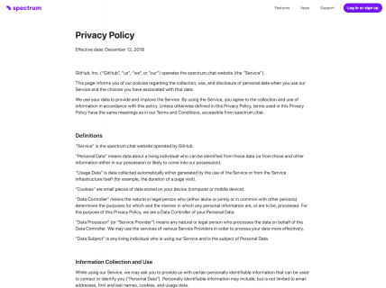 Screenshot of the Privacy Policy page from the Spectrum Chat website.
