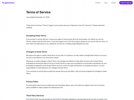 Screenshot of the Terms of Service page from the Spectrum Chat website.