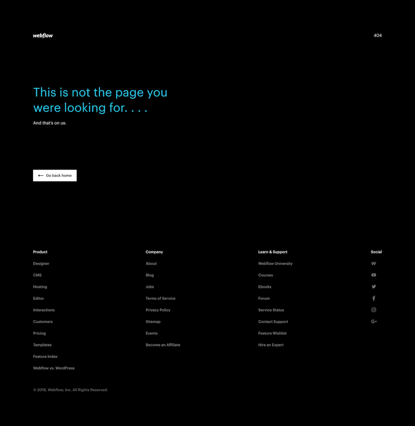 Screenshot of the 404 page from the Webflow website.