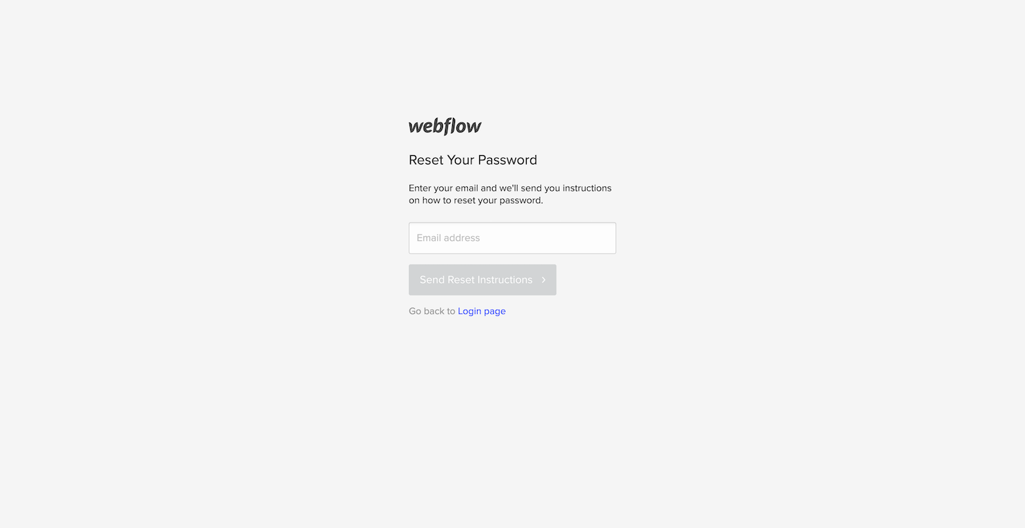 Screenshot of the Password Reset page from the Webflow website.