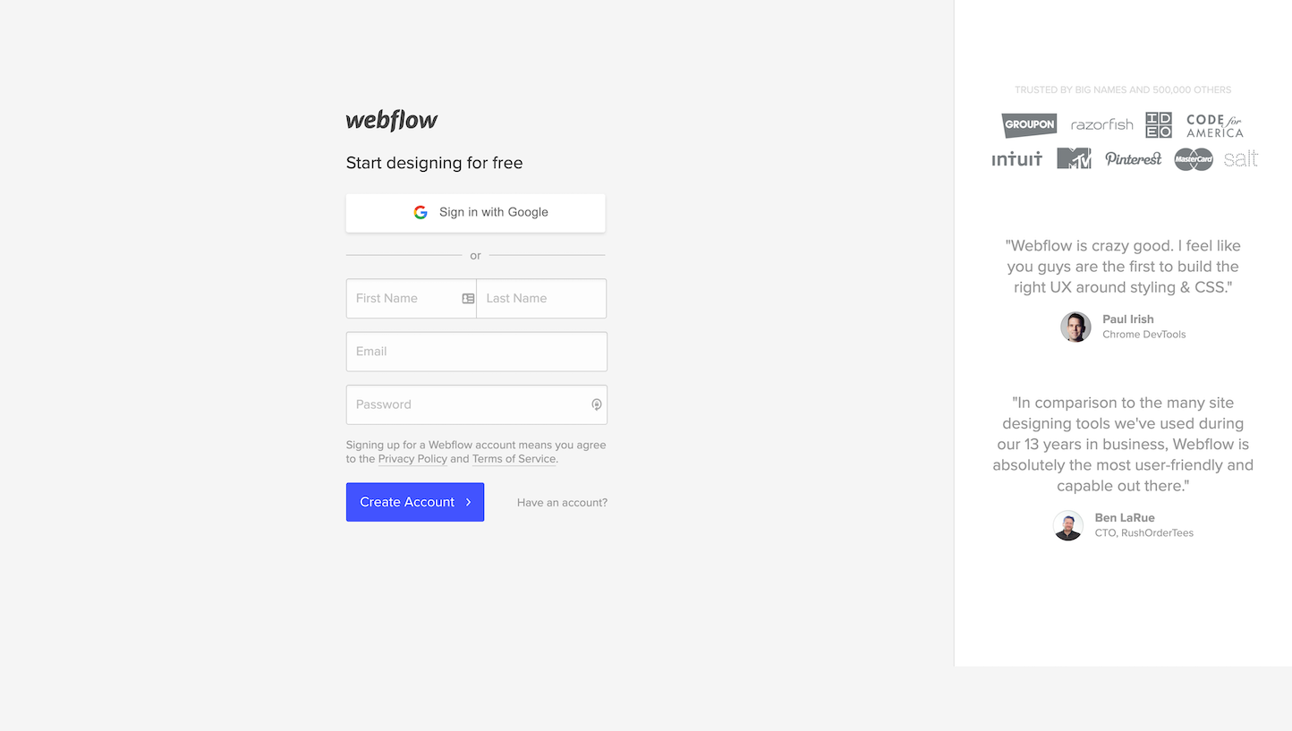 Screenshot of the Signup page from the Webflow website.