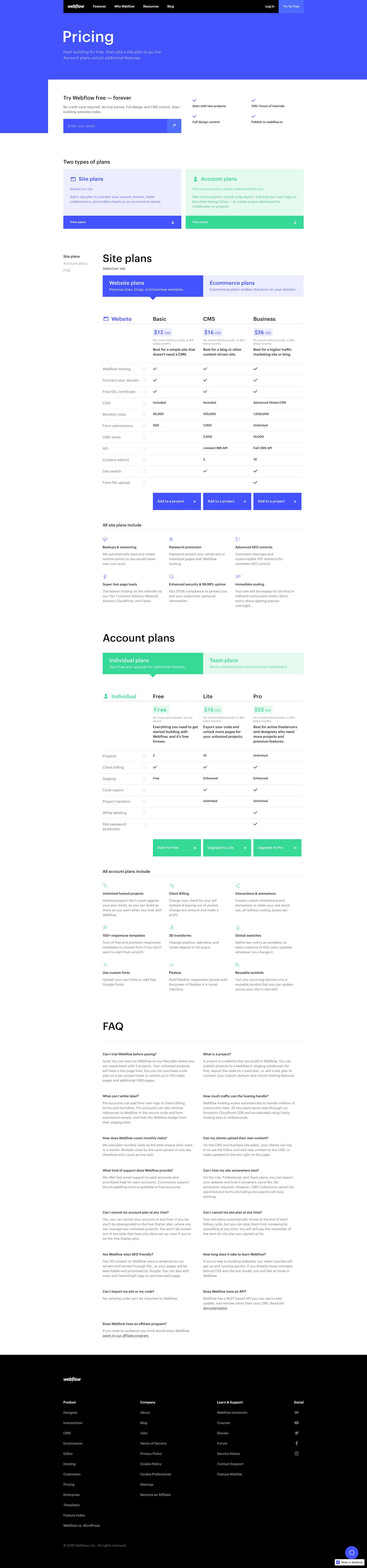 Screenshot of the Pricing page from the Webflow website.