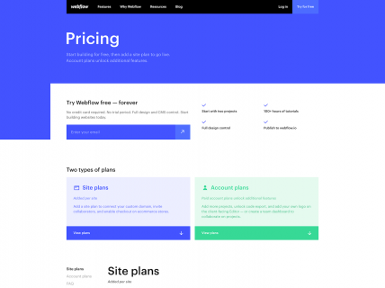Screenshot of the Pricing page from the Webflow website.